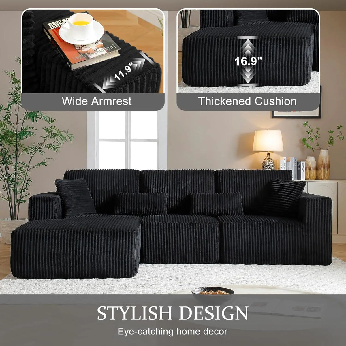 Modular Sectional Sofa, 107' L-Shaped Dark Black Couch with Deep Seat Memory Foam, Plush Corduroy, Left-Facing Chaise