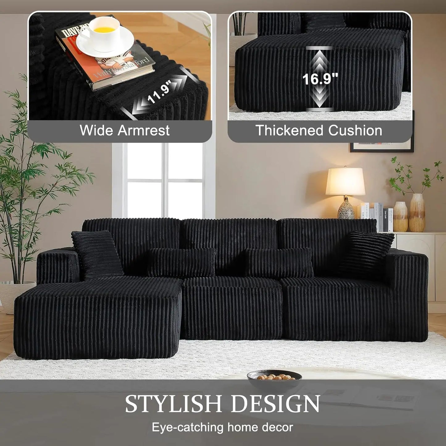 Modular Sectional Sofa, 107' L-Shaped Dark Black Couch with Deep Seat Memory Foam, Plush Corduroy, Left-Facing Chaise