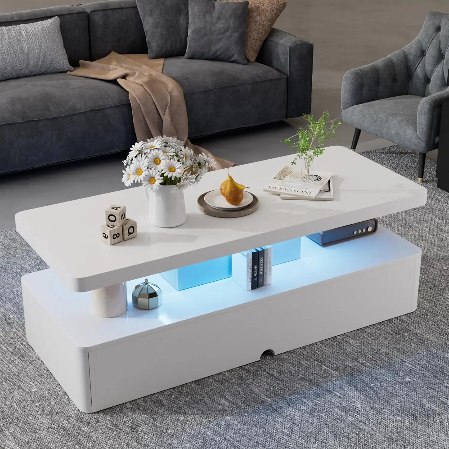 Modern LED Coffee Table, 40" Living Room Tables with 16 Colors LED Lights, Double-Layer Design, Stylish Coffee Tables