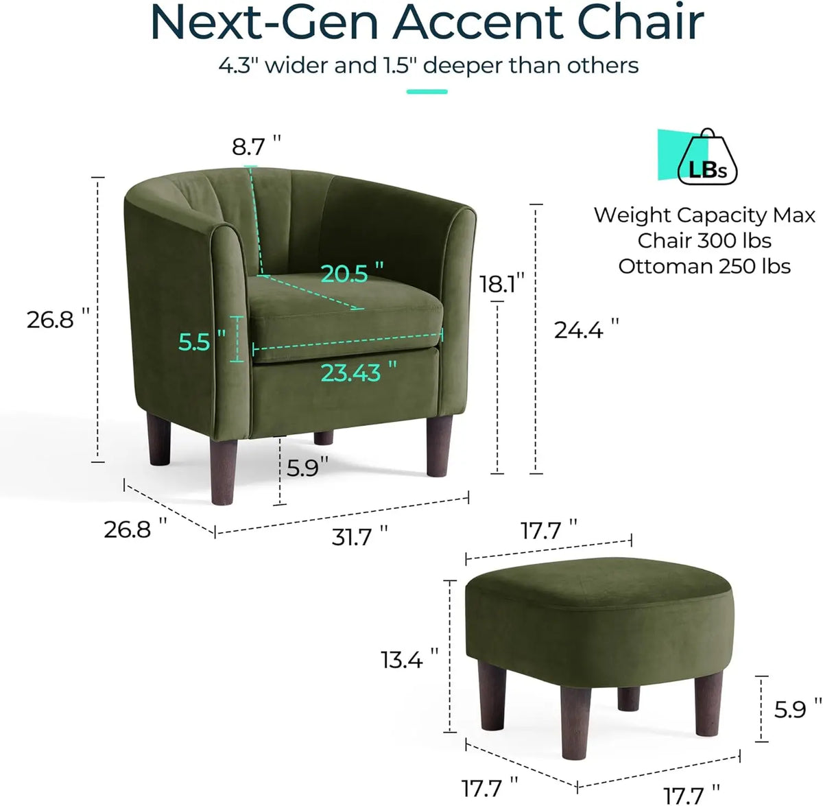 Modern Velvet Accent Chair with Ottoman, Comfy Barrel Reading Armchair for Living Room Bedroom in Olive Green