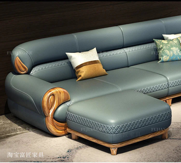 Ebony leather sofa living room new Chinese villa modern light luxury high-end sofa combination