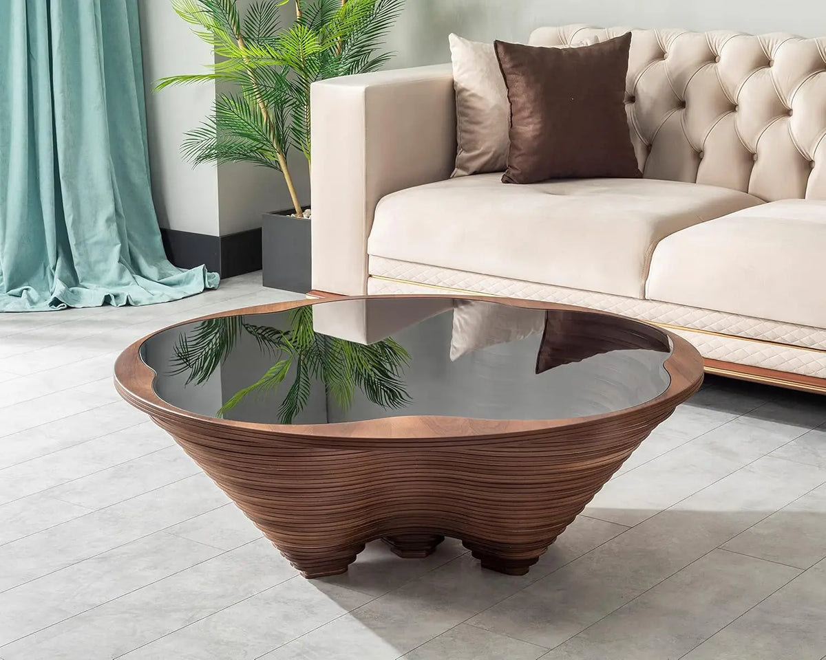 Table basse en bois en spirale avec plateau en verre, artisanale, moderne, pour salon, bureau, café, décoration, personnalisable