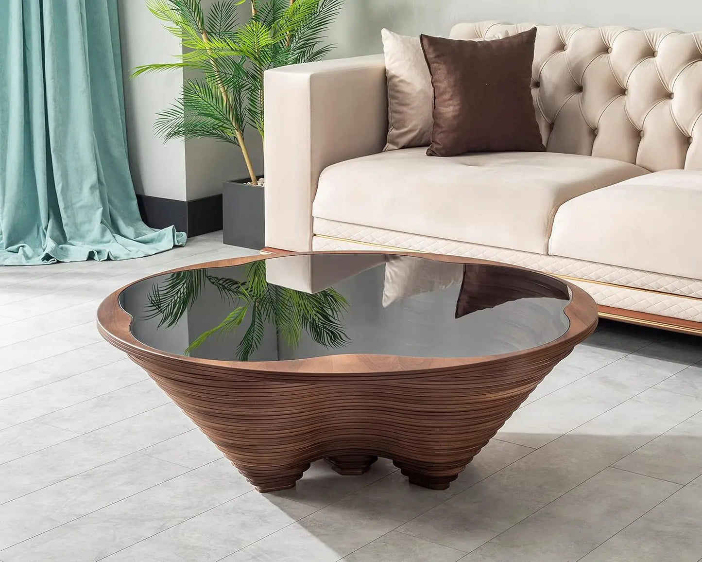 Table basse en bois en spirale avec plateau en verre, artisanale, moderne, pour salon, bureau, café, décoration, personnalisable