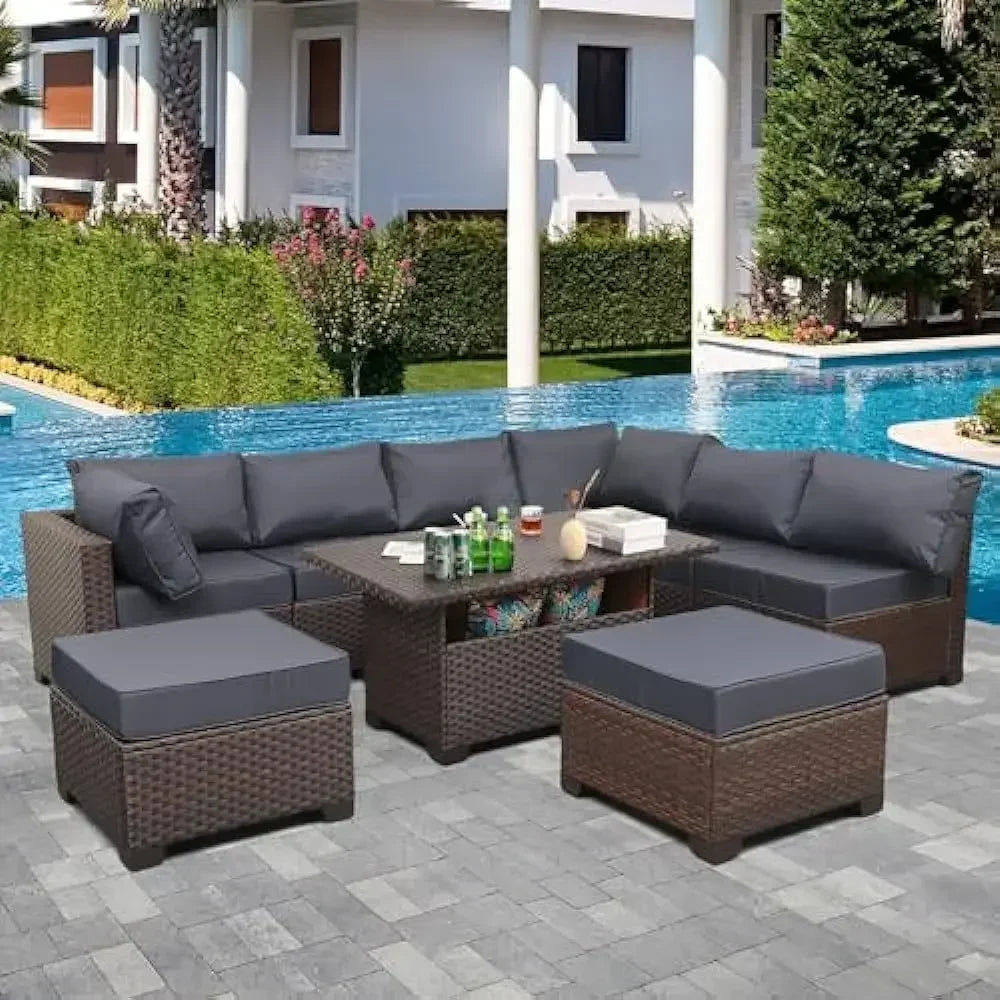 /-Patio Furniture 9 Piec Set with Cushions and 45” Gas fire Pit Table, Outdoor PE Rattan Sectional Conversation Sofa Set
