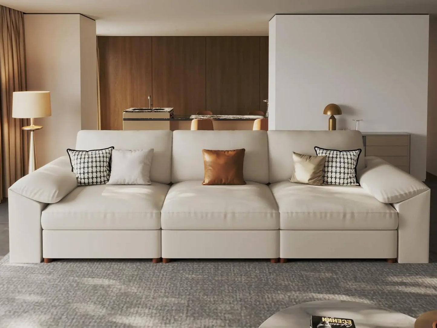 3 Seater Deep Seat Sectional Sofa,Scratch Resistant Faux Leather Material, Oversized Modular Couch for Living Room