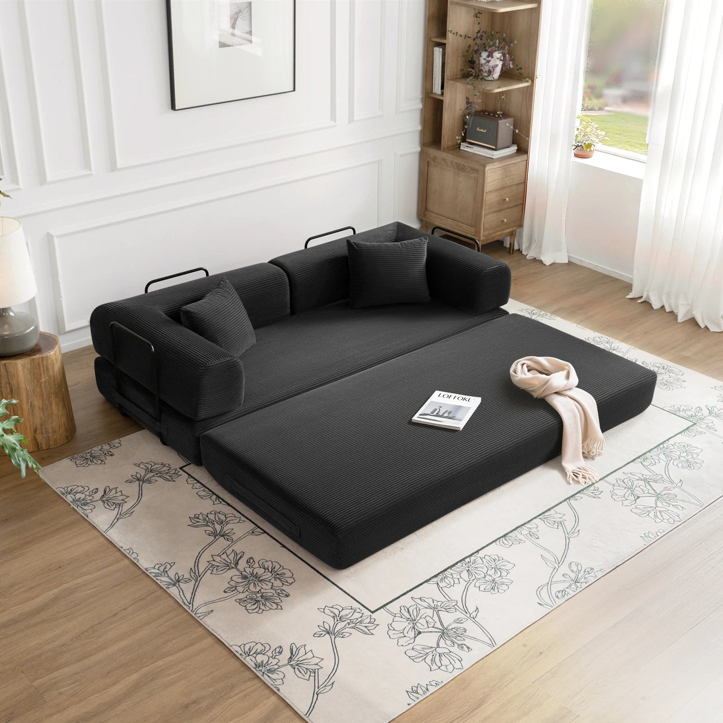 79" Convertible Sofa Bed with Fixed-Shape Frame, Modular Corduroy Sleeper Sofa, Folding Mattress Couch for Small Spaces