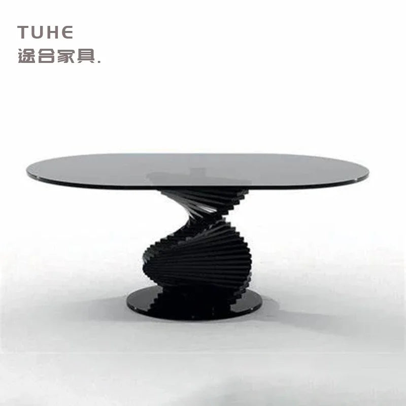 Italian Style Solid Wood Dining Table Light Luxury Curved Round Table Tempered Glass Living Room Hotel Personalized Dining Table