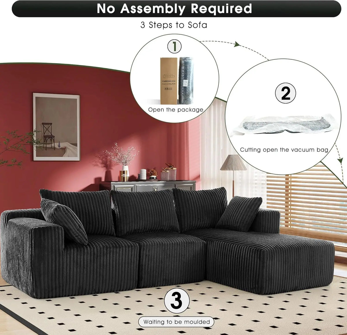 Modular Sectional with L-Shape Chaise, Cloud Sofa Living Room Bedroom Upholstered Sofa - No Installation - Plush Corduroy Fabric