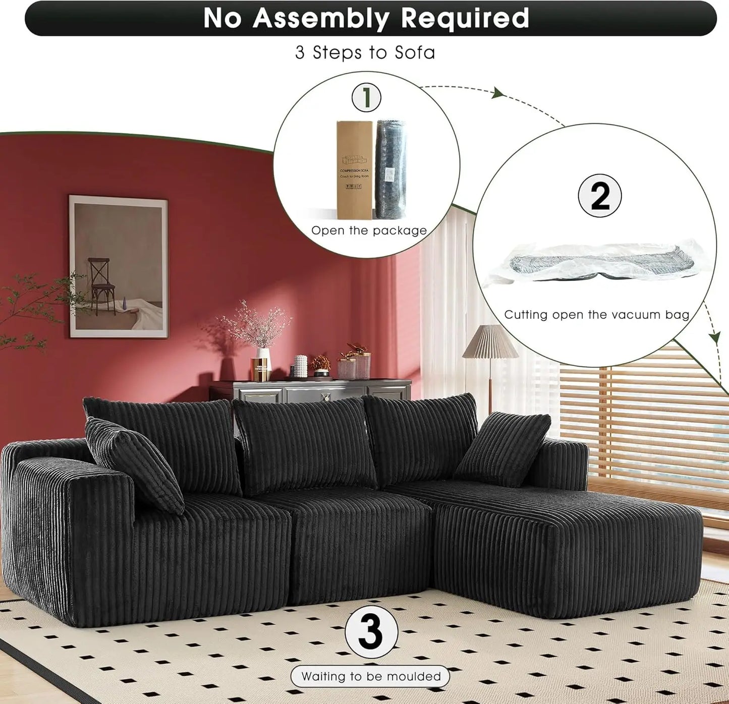Modular Sectional with L-Shape Chaise, Cloud Sofa Living Room Bedroom Upholstered Sofa - No Installation - Plush Corduroy Fabric