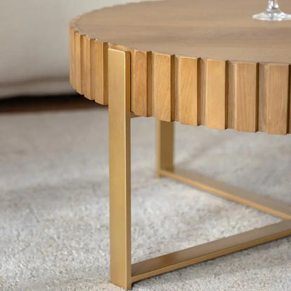 Round Two-Ply Coffee Table, Handcrafted Relief Design, Sturdy Pedestal, Olive-Shaped, Wooden Tea Table for Living Room, Modern