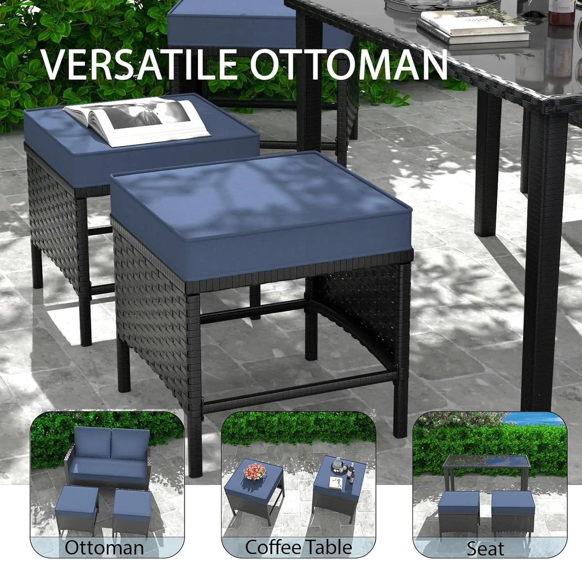 7-Piece Patio Furniture Set, Outdoor Couch with Dining Table & Ottomans, PE Rattan Sofa Set with Cushions for Deck, Yard, Poolsi