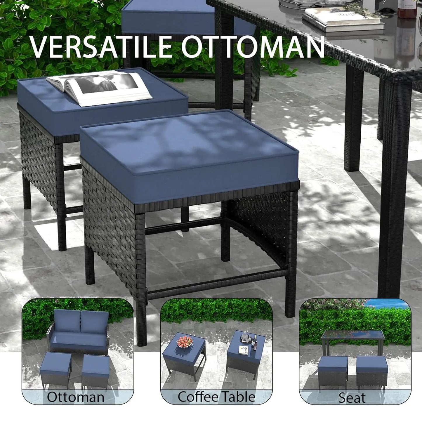 7-Piece Patio Furniture Set, Outdoor Couch with Dining Table & Ottomans, PE Rattan Sofa Set with Cushions for Deck, Yard, Poolsi