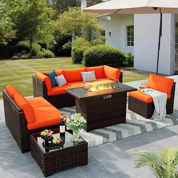 Long-Lasting 8 Pieces Outdoor Patio Furniture Set with 44" Fire Pit Table Rattan Sectional Conversation Sets w