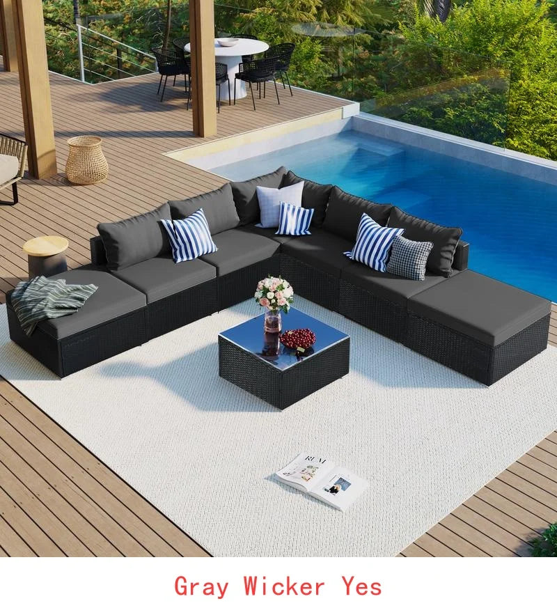 8-Piece Outdoor Patio Furniture Set, Garden Conversation Wicker Sofa, Combinable Single Sofas with Beige Cushions and Gray