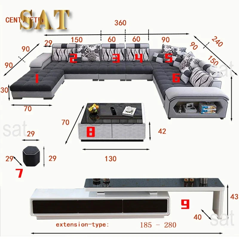 -furniture 7 seater living room  sectional big latex sofa
