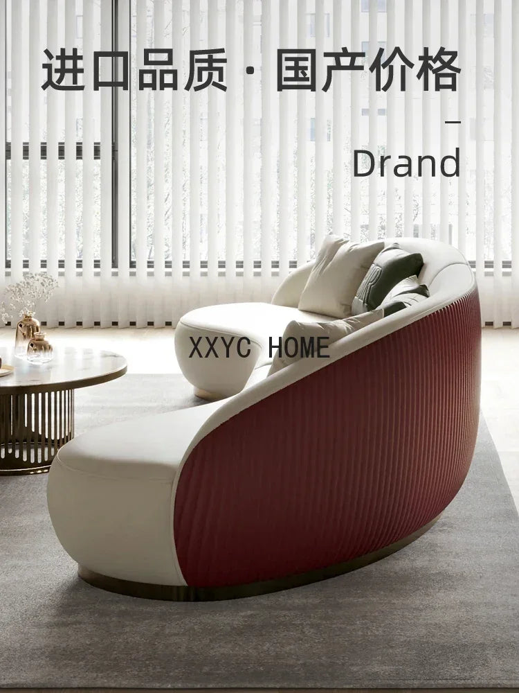 Two-color U-shaped villa leather sofa, modern light luxury semi-curved sofa