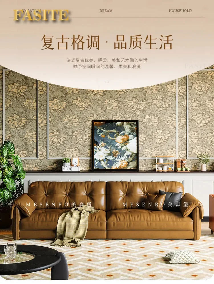 Oil wax leather sofa, French retro style, large and small apartment, living room straight combination