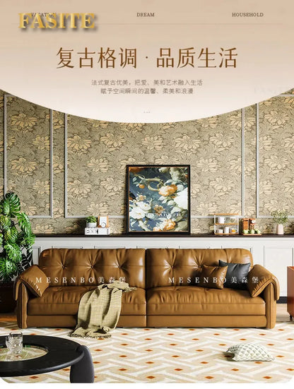 Oil wax leather sofa, French retro style, large and small apartment, living room straight combination