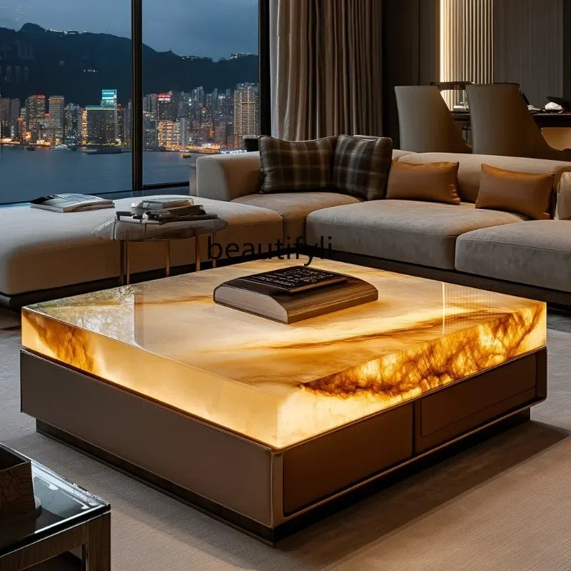 Leather luminous jade coffee table custom marble large flat-floor villa living room luxury stone modern home