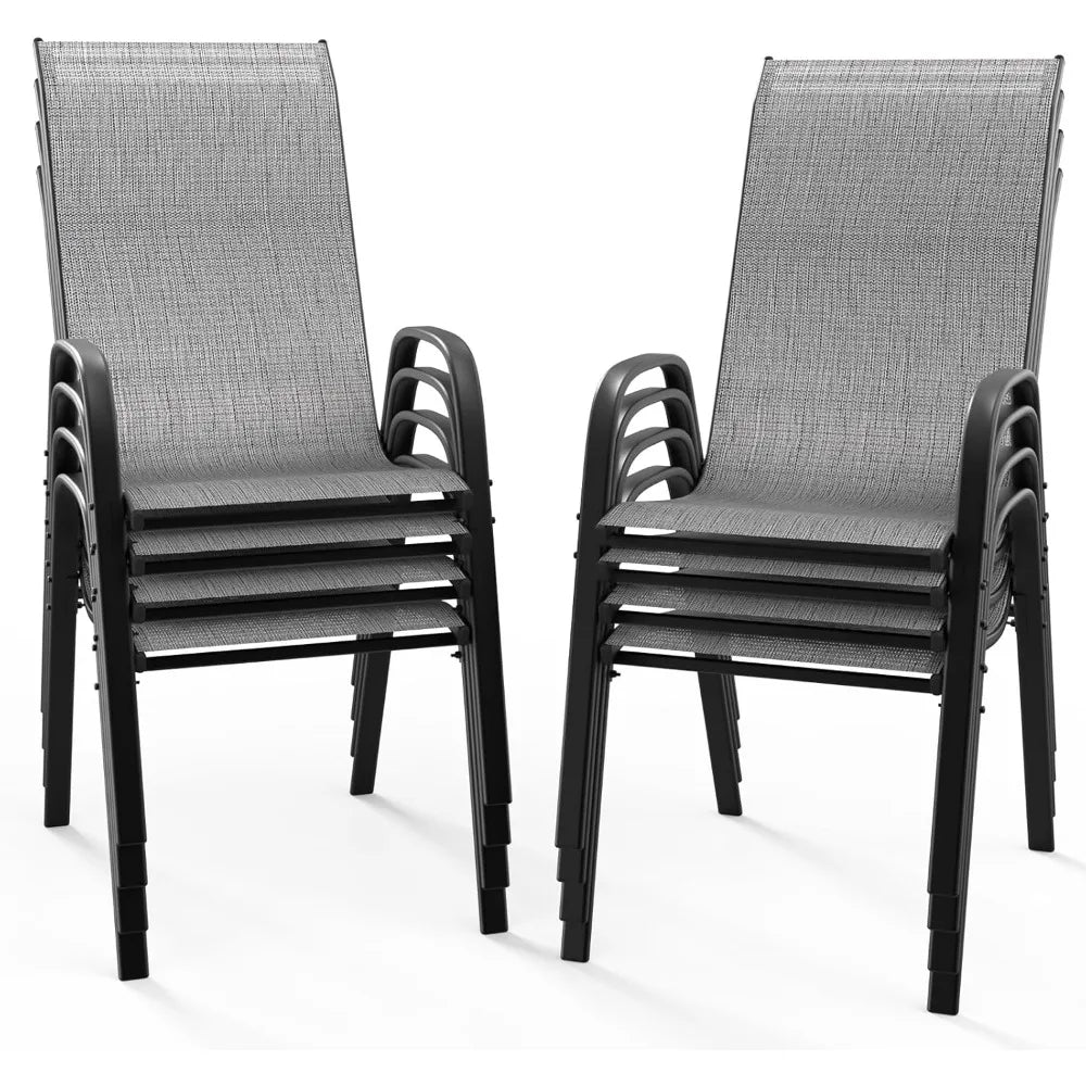 Patio Chairs Set of 8 – Stackable Outdoor Dining Chairs with Comfortable Sling High Back Chairs and Armrests for Lawn, Poolside