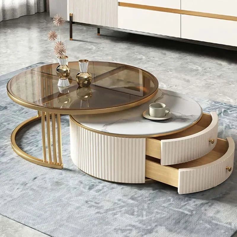 l # Modern Living Room Furniture Gold Base Stainless Steel Coffee Table White Stone Two Pieces Round Coffee Table And Tv Stand