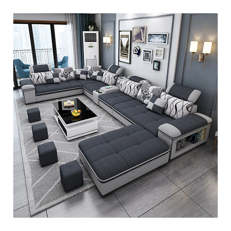 Modern simple living room sofa set U-shaped sleepable luxury cloth sofa villa large combination corner function sofa