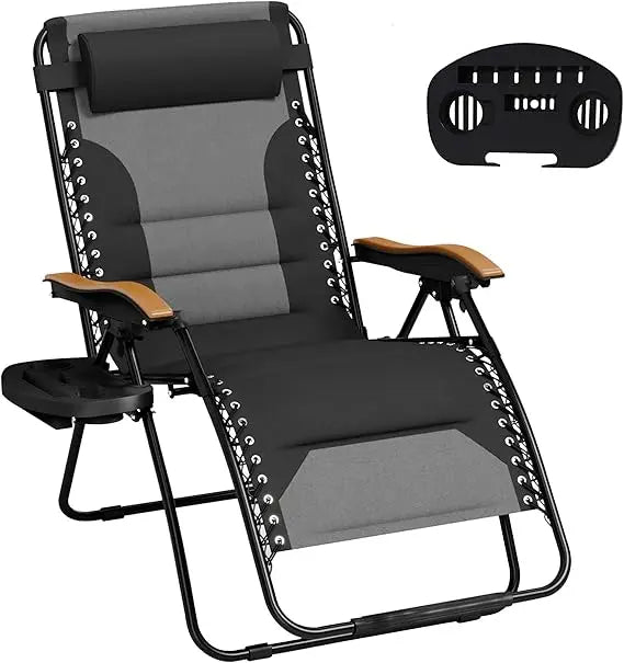 Zero Gravity Chairs, Oversized Patio Recliner Chair, Padded Folding Lawn Chair with Cup Holder Tray, Support 400lbs, Black