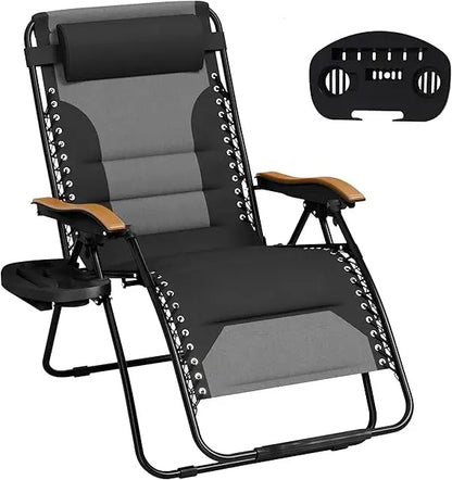 Zero Gravity Chairs, Oversized Patio Recliner Chair, Padded Folding Lawn Chair with Cup Holder Tray, Support 400lbs, Black