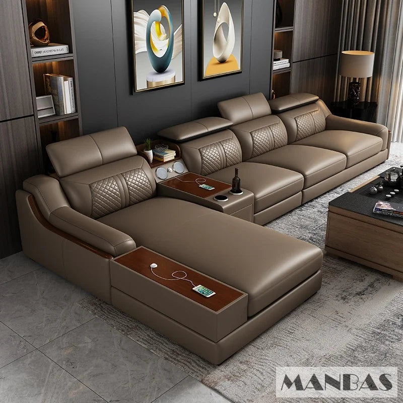 Modern Italian Genuine Leather Sofa for Living Room with Cup Holder, USB, Adjustable Headrests & Bluetooth Speaker - Linlamlim
