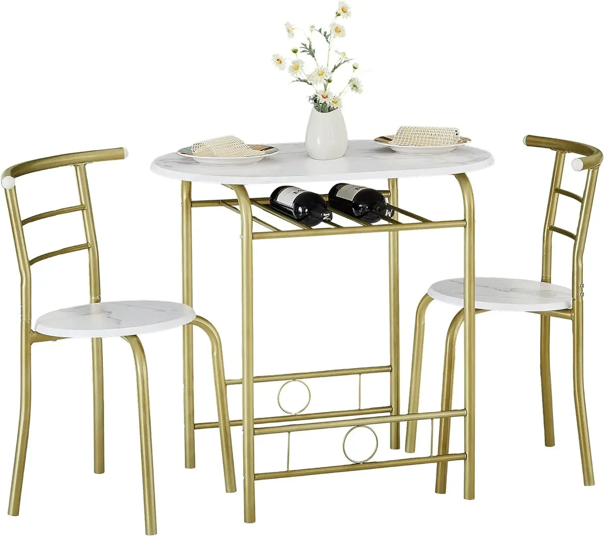 3 Piece Wood Round Table & Chair Set for Dining Room Kitchen Bar Breakfast, with Wine Storage Rack, Space Saving
