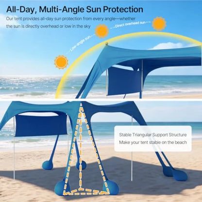 Beach Tent Sun Shelter with Sidewall Easy Set Up 10x10ft Beach Canopy Outdoor Sun Shade with UPF 50+UV Protection 8 Sandbags 4