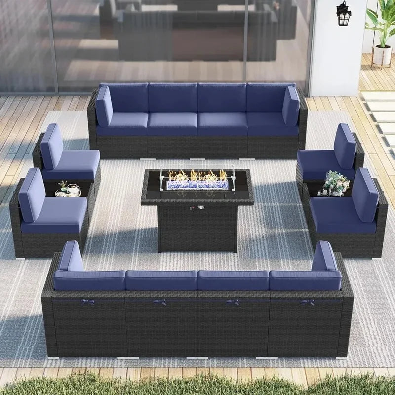 15-Piece Outdoor Wicker Rattan Sectional Sofa Set with Fire Pit Table and Coffee Table