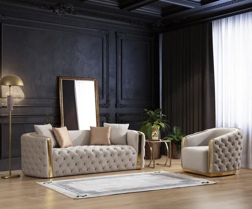 Newest Luxury Stainless Steel Living Room Sofa Set Button Design 2-3 Seater Velvet Couch for Home Hotel