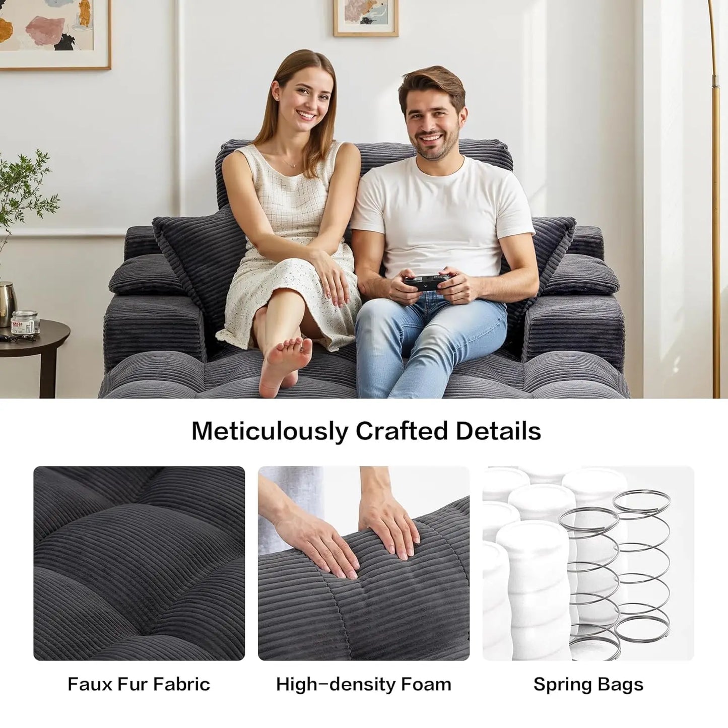 50" Oversized Boneless Chaise Lounge Chair Indoor, Plush Faux Fur Cloud Sofa Couch with Pillows, No Assembly Deep, Customized