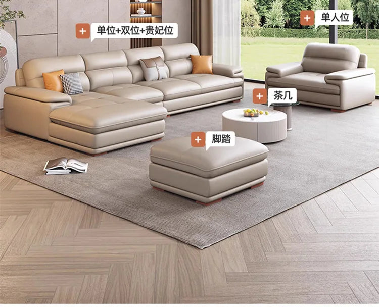 The first layer of cowhide leather sofa living room combination modern simple size apartment cream style leather sofa