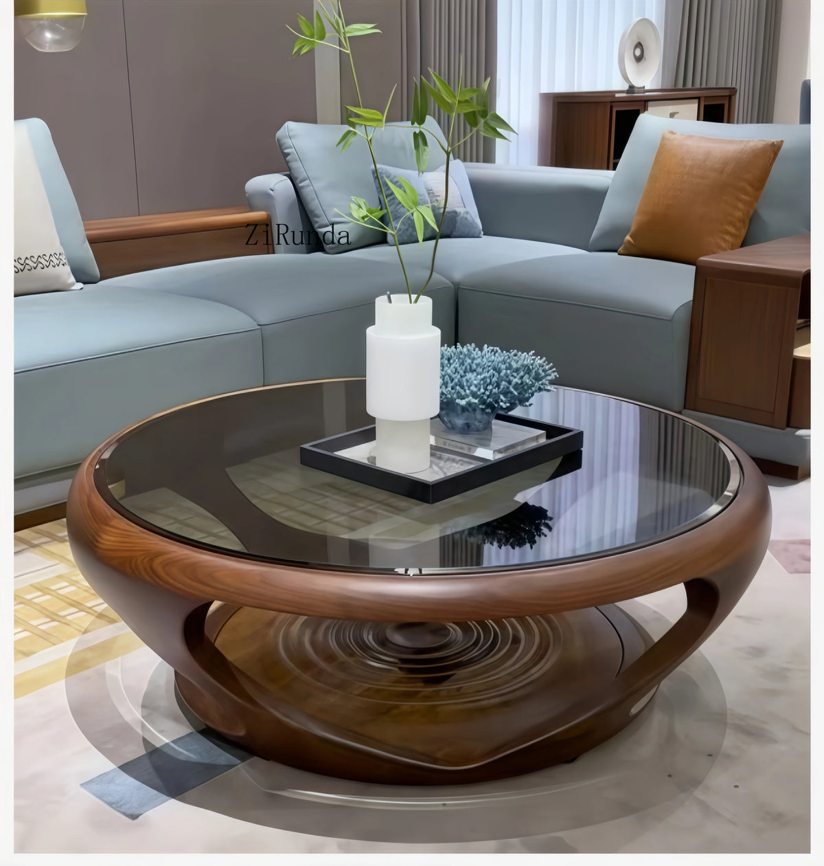 Table basse en noyer noir, table basse ronde en bois massif pour salon et maison