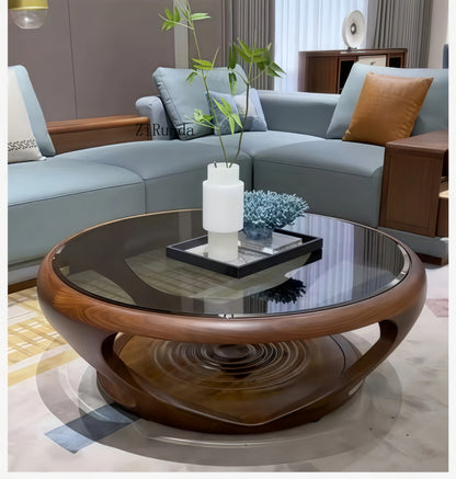 Table basse en noyer noir, table basse ronde en bois massif pour salon et maison