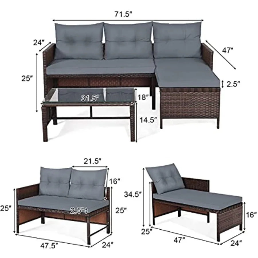 Patio Corner Sofa Set 3-Piece Outdoor Conversation Furniture in Grey with Lounge Chair Double Chair and Coffee Table fo