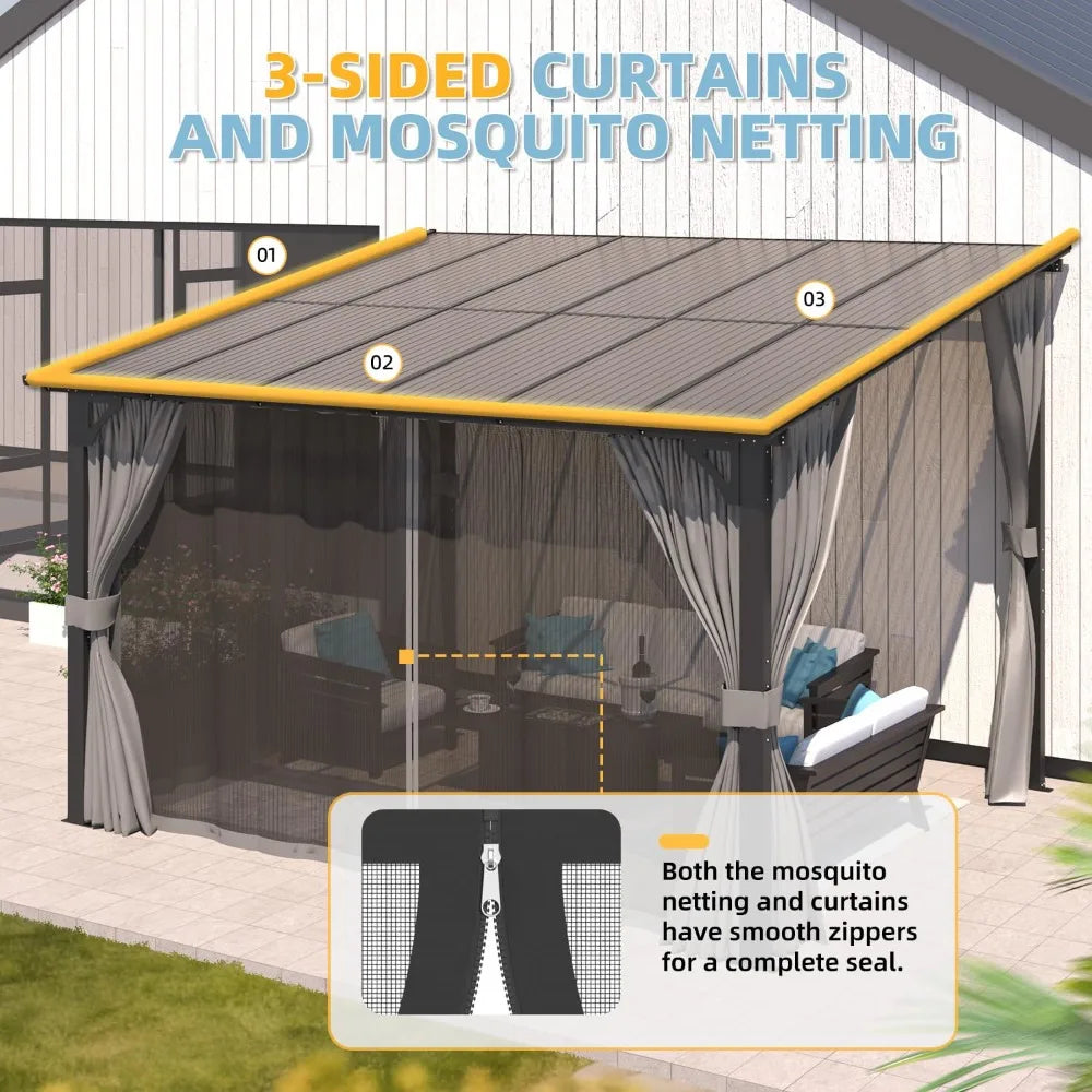 12ft X 10ft Wall-mounted Gazebo with Curtains and Mosquito Net; 10ft X 12ft Hardtop Gazebo; Customizable
