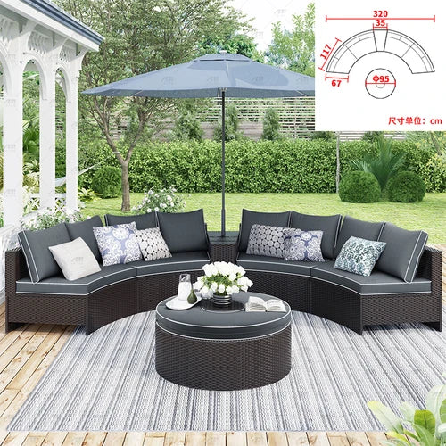 Sofa, courtyard, garden, leisure, outdoor living room, semi circular curved rattan chair, terrace, outdoor furniture combination