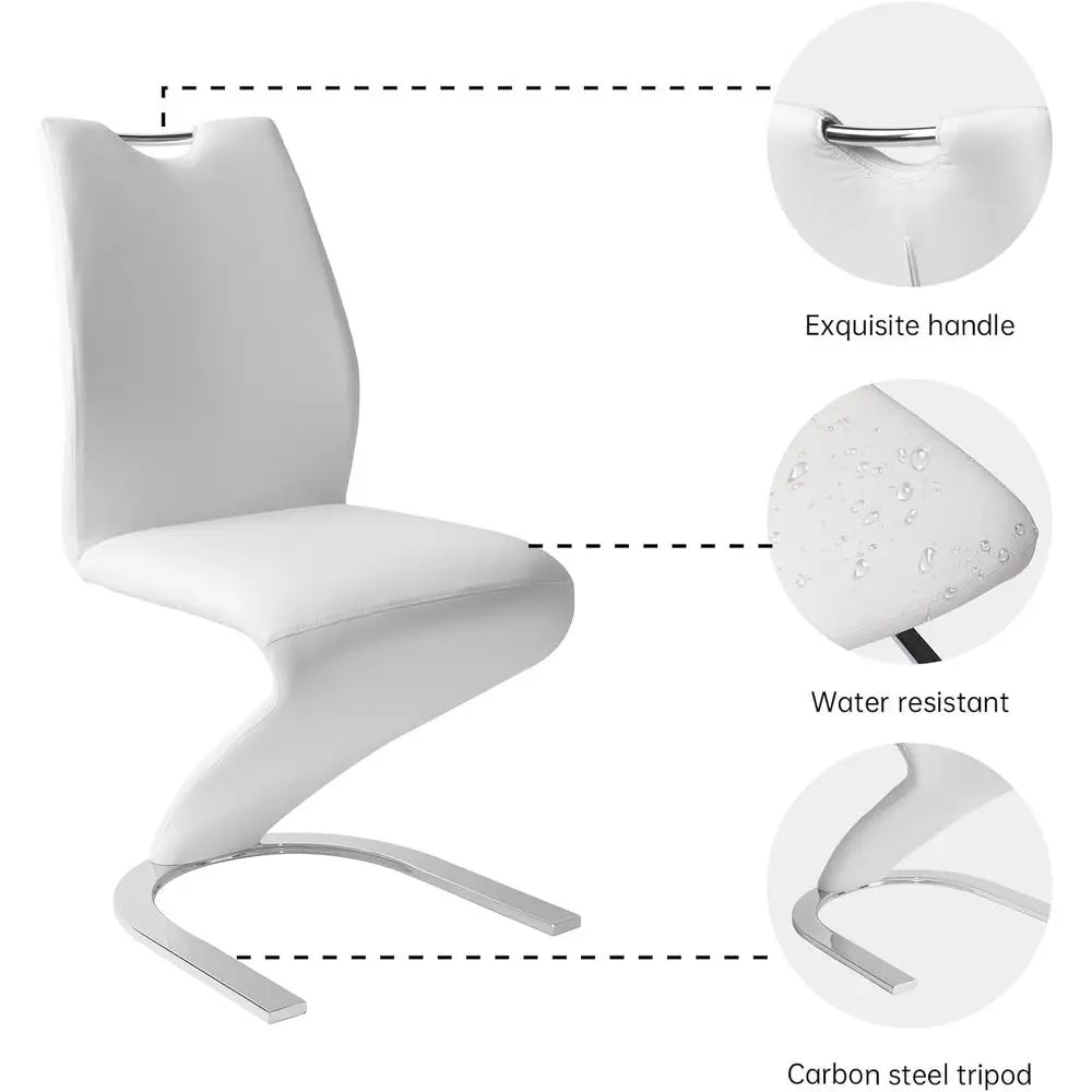 Pair of Modern White PU Leather Upholstered Dining Chairs with Metal Legs for Kitchen or Dining Room