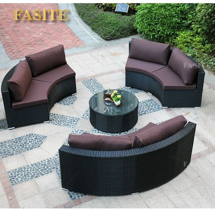 Outdoor round rattan sofa combination garden courtyard semi-circular rattan chair outdoor hotel curved living room