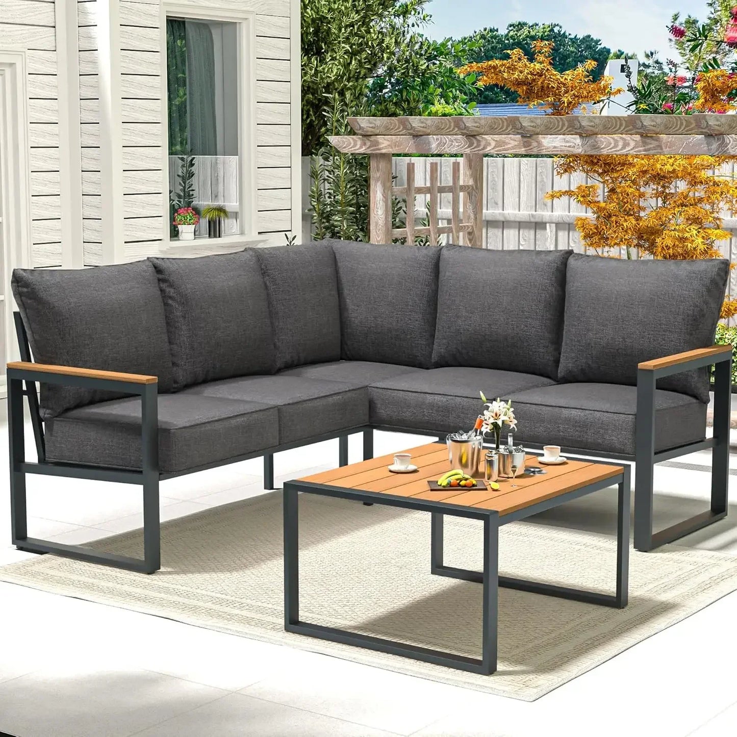 "6-Piece L-Shaped Patio Set - Outdoor Sectional Sofa w/ Faux-Wood Side Table, All-Weather Conversation Group"