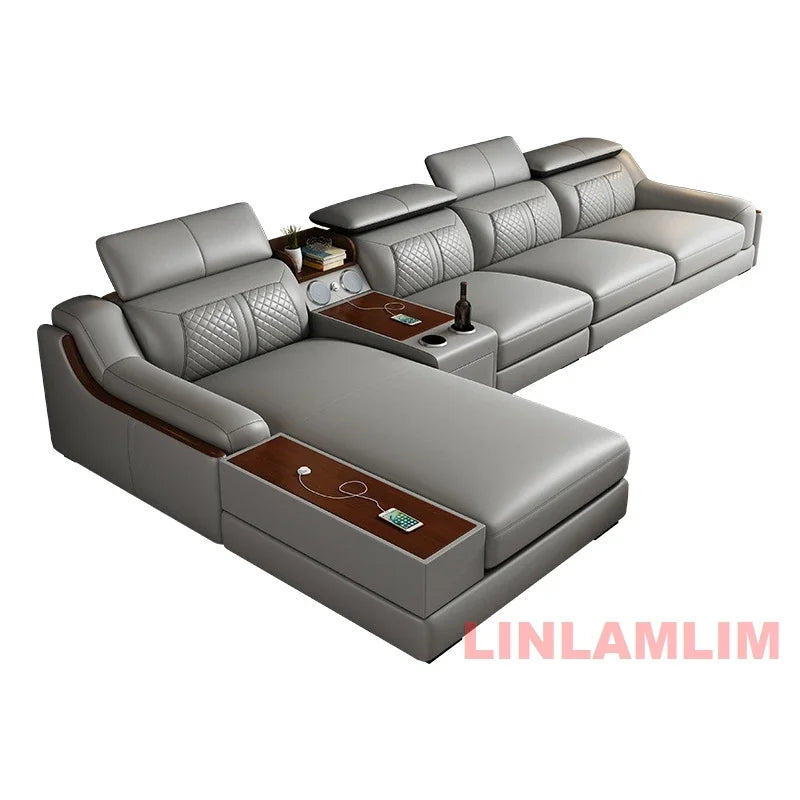 Modern U-Shaped Sectional Sofa Set with Chaise Lounge, Genuine Leather Couch with Storage Table, USB – Big Living Room Furniture