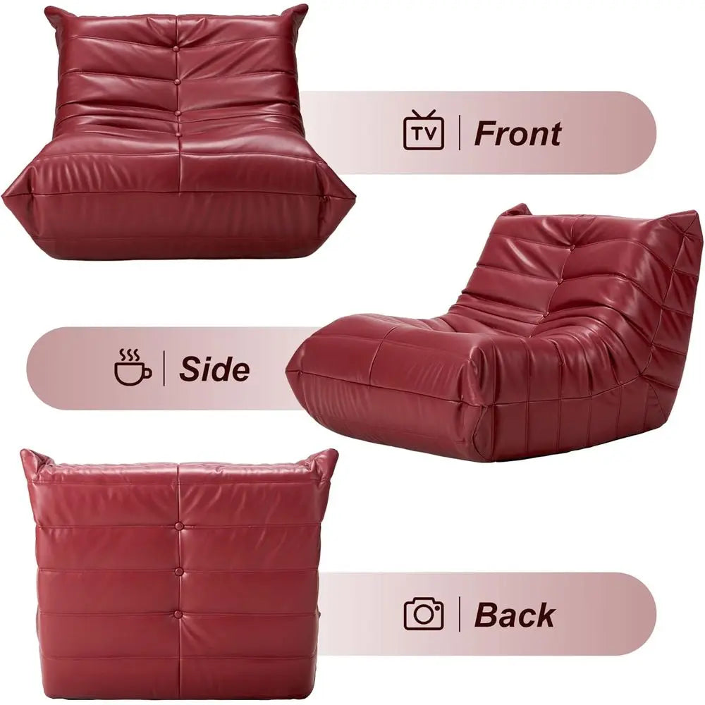 Memory Foam Bean Bag Chair - Adult Sofa, Faux Leather Armless Seat for Living Room, Bedroom, or Office (Wine Red)