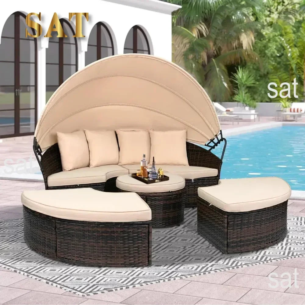z Outdoor Terrace Canopy Bed with Washable Soft Cushion, Clamshell Shaped Segmented Seats, Suitable for Backyard, Porch, (brown)