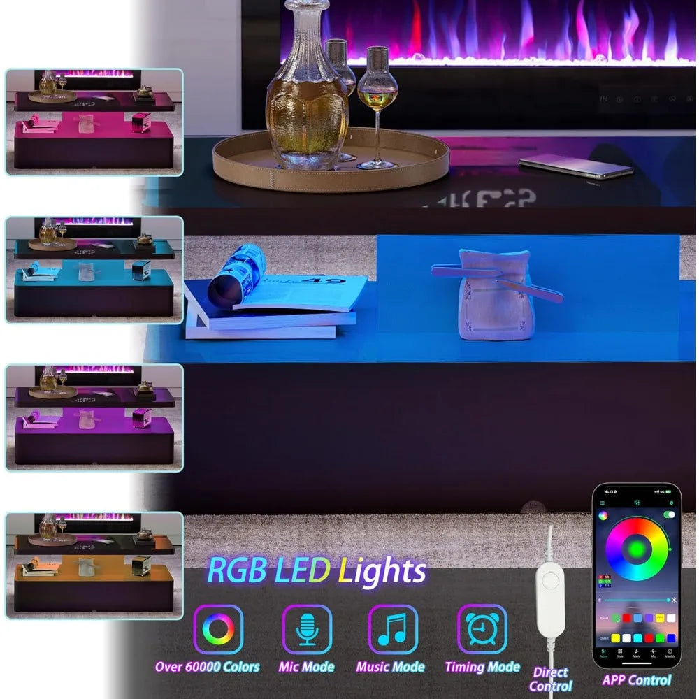 Modern AHB LED Coffee Table for Living Spaces - Glossy Two-Level Design in 16 Vibrant Colors with Rounded Edges