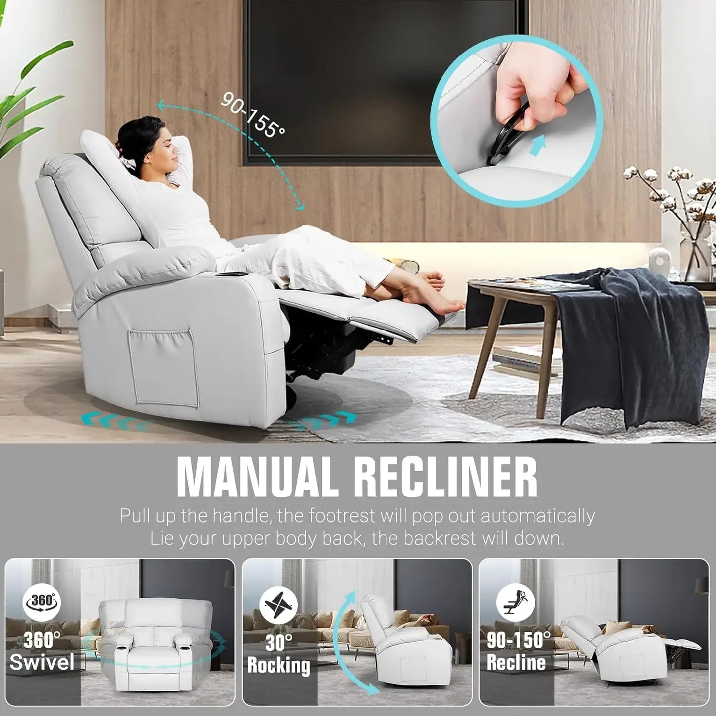 Massage Rocking Recliner Chair with Vibration and Heat, 360° Swivel Recliner for Living Room, Grey