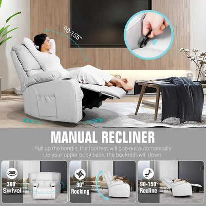 Massage Rocking Recliner Chair with Vibration and Heat, 360° Swivel Recliner for Living Room, Grey