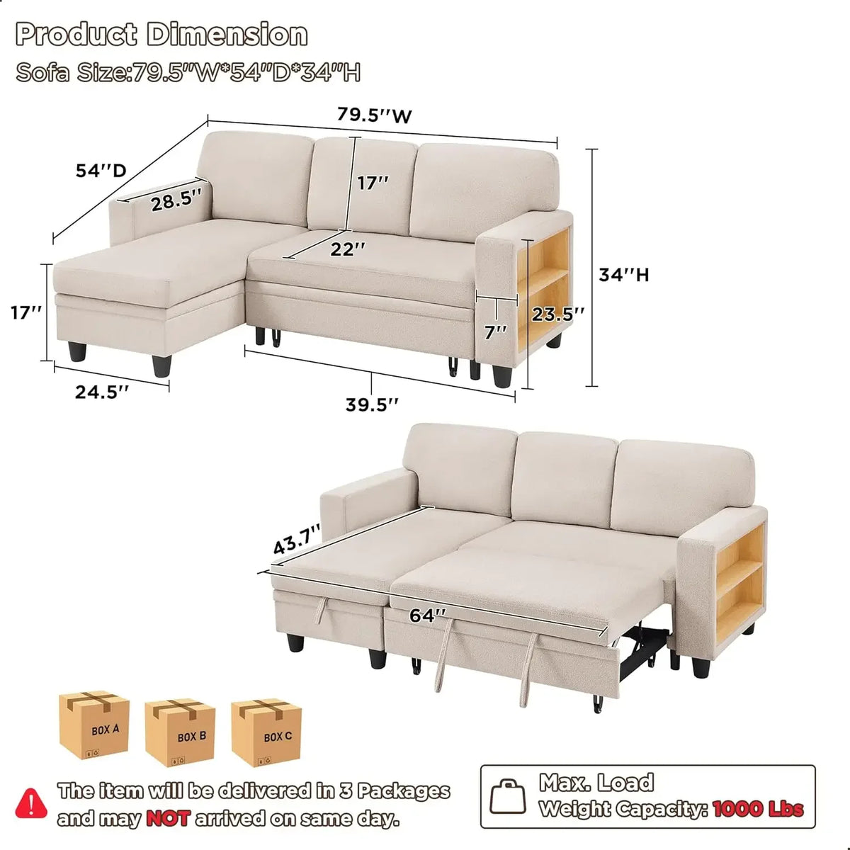 80” Sleeper Sofa Bed,L-Shaped Convertible Sectional Couch with Storage Chaise,2 Built-in Bookshelves and USB Charging Port